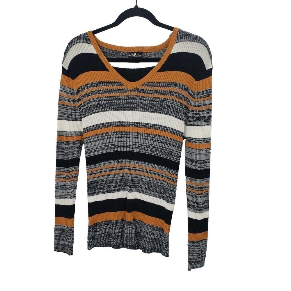 Love By Chelsea Striped Sweater Womens Plus Size 2x Fitted Ribbed V Neck Stretch